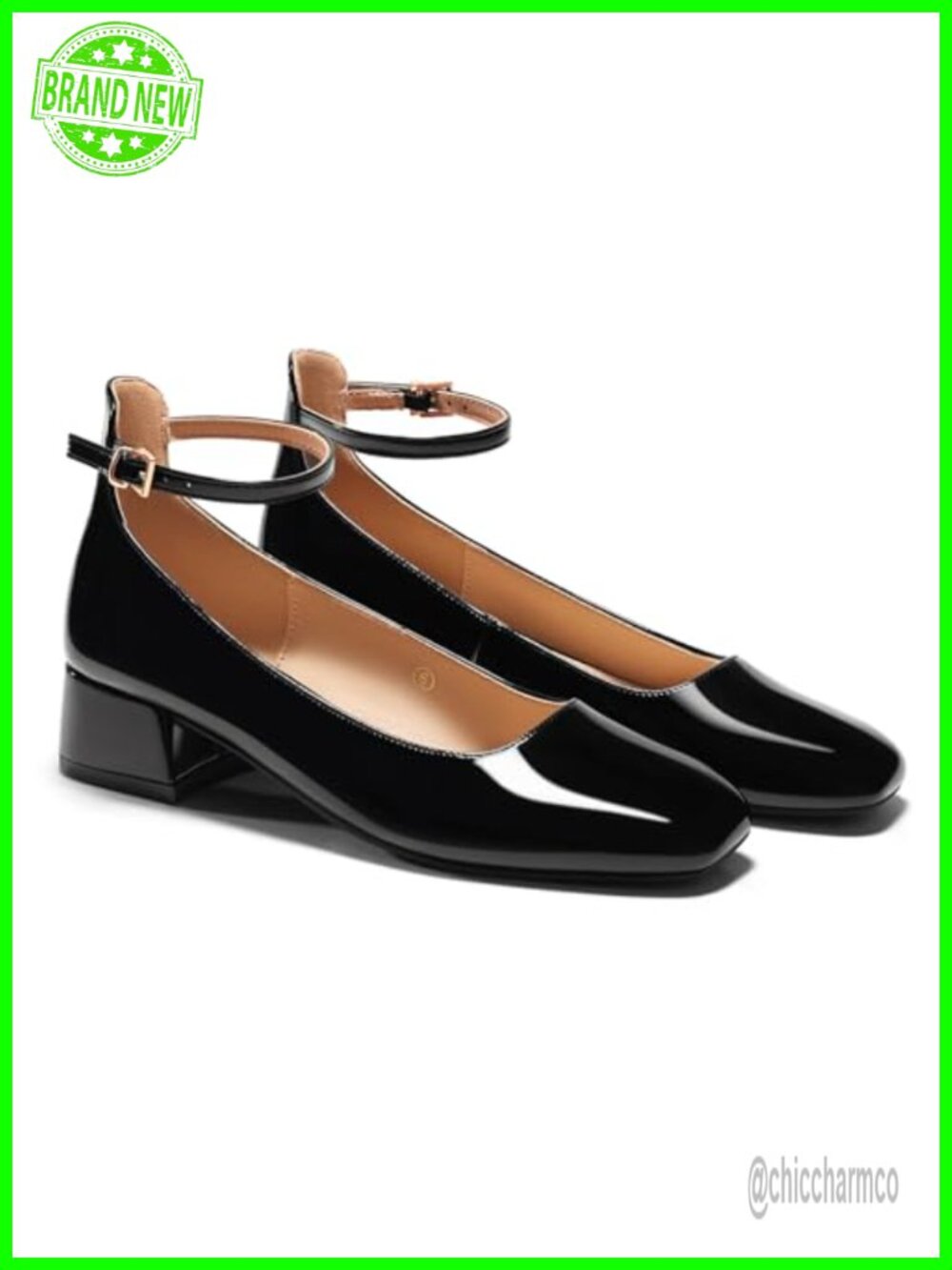 Women's Square Toe Chunky Low Heels Ankle Strap Pumps Patent Leather Dress Shoes